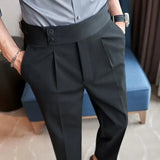 Bonsir British Style Autumn New Men High Waist Suit Pants Belt Design Slim Fit Social Trousers Formal Business Office High Quality Pant