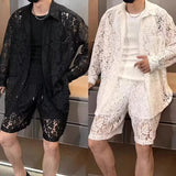 BONSIR  -  Mens Hollow Ballroom Sets Shirt Summer Nightclub Performance Niche Personality Outer Shorts Two Sets Men'S Clothing 2025 New