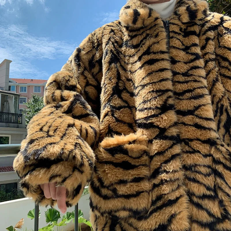 Bonsir Men Winter Faux Fur Furry Coat Loose Male Leopard Print Tiger Stripe Jacket Oversize Boys Harajuku Outerwear Xxxl Windbreaker