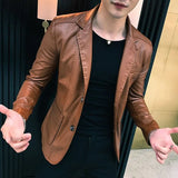Bonsir Thin Slim Fit Leather Jacket for Men Single Breasted New In Man Suits and Blazers Handsome Vintage Simple Casual Classic Coats