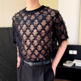 BONSIR  -  Mens Four-Leaf Clover Hollow Perspective Sexy Mesh T-Shirt Streetwear Fashion Nightclub Ballroom Trendy Top Men'S Clothing 2025