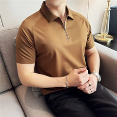 Bonsir Summer Waffle Ice Silk Solid Men Polo Shirts Fashion Zipper Design Lapel High Elasticity Casual T-shirt Streetwear 4XL-M