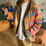 Bonsir Mens Jacket Rainbow Stripes Contrast Color Casual Jacket Autumn Streetwear Personality Retro Ethnic Jacket Men'S Clothing