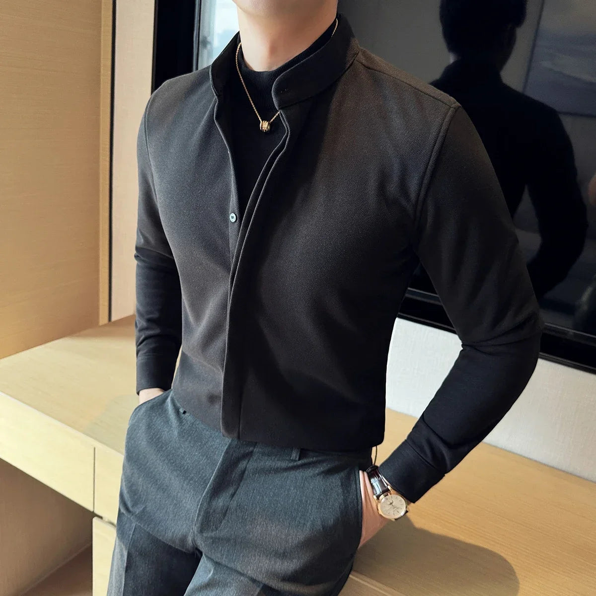 Bonsir Autumn Winter Fake 2-Piece Stand-up Collar Warm Shirt High Quality Thickened Woolen Men Business Slim Fit Casual Shirt 4XL-M