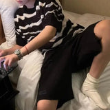 Bonsir Mens Knitted T-Shirt Black White Contrast Striped Top Streetwear Hollow Versatile Casual Short-Sleeve Tshirt Men'S Clothing