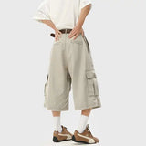 BONSIR  -  Summer Cotton Casual Pants Men Pocket Cargo Pants Men Japanese Streetwear Hip-hop Loose Wide Leg Pants Mens Calf-Length Pants