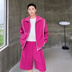 Bonsir Autumn Men's Two-piece Stand Collar Solid Color Jacket Straight Wide Leg Loose Male Shorts Korean Style