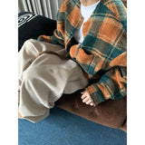 BONSIR  -  Beige woolen pants loose bf lazy style American retro thickened sweatpants men's loose straight wide-leg pants