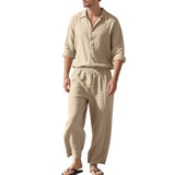 BONSIR  -  Summer Casual Mens Linen Two Piece Suits Leisure Breathable Long Sleeve Shirt And Trousers Men Outfits Fashion Solid Color Sets