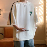 BONSIR  -  Number 7 Print Cotton T Shirt Men Oversized T Shirt Summer Short Sleeve Tee Shirts Ins Tops Streetwear Versatile Couple Clothes