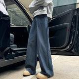 BONSIR  -  American Retro Cleanfit Blue Vertical Striped Loose Wide Leg Jeans for Men Trendy High Waist Long Pants Straight Cut Trousers