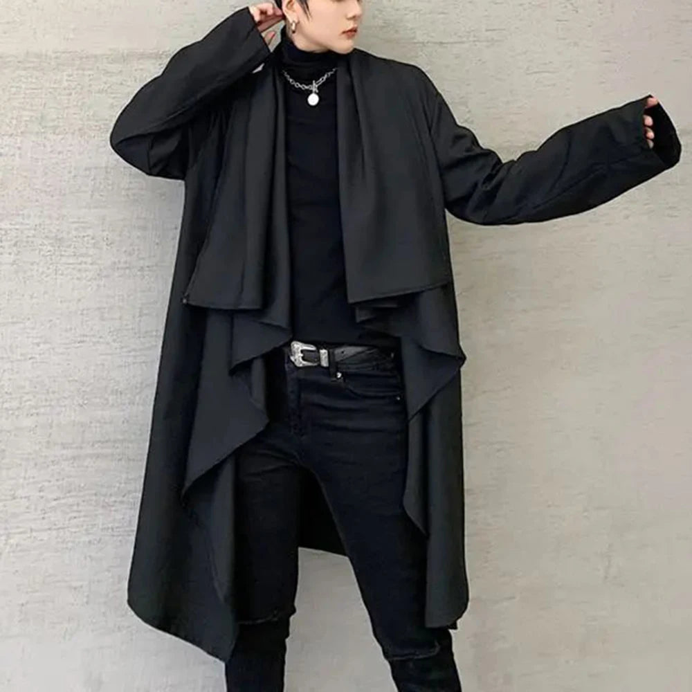 Bonsir Men Coats Long Sleeve Scarf Collar Trench Ponchos Cotton Outwear Solid Cloak Vintage Irregular Jackets Men Streetwear