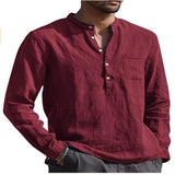 BONSIR  -  Cotton Linen Hot Sale Men's Long-Sleeved Shirts Summer Solid Color Stand-Up Collar Casual Beach Style Plus Size