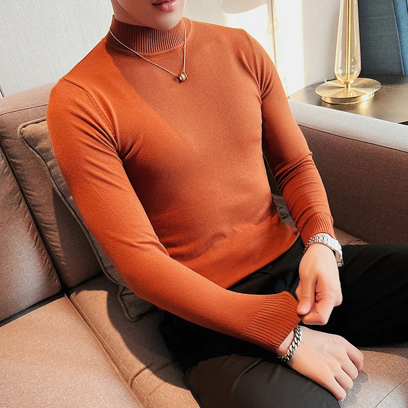 Bonsir Autumn Winter Half High Neck Sweater Men Solid Warm Knitwear Pullover High Quality Long Sleeve Slim Fit Elasticity T Shirt