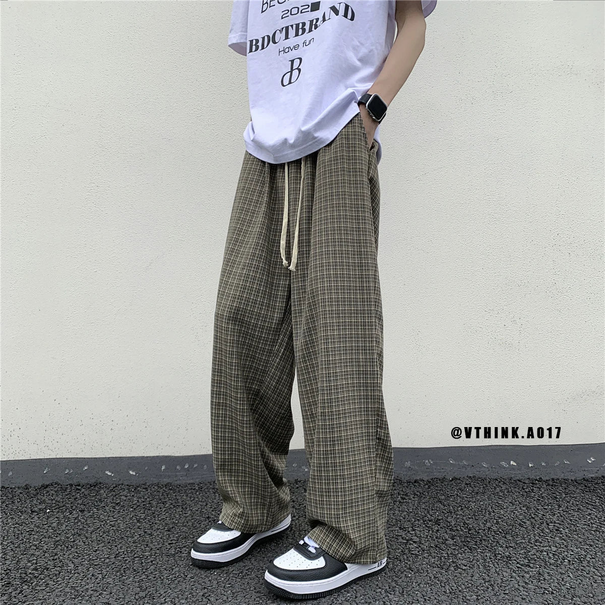 BONSIR  -  Summer/Autumn Plaid Pants Men Loose Casual Straight Trousers for Male/Female Harajuku Hip-hop Streetwear Wide-leg Mopping Pants