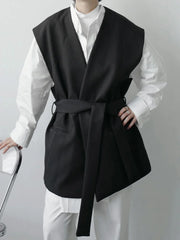 Bonsir -  Menswear Korean V-neck Belt Vest Medium Style Solid Color Double-breasted Loose spring Fashion Casual 2A1928