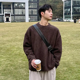 BONSIR  -  Maillard coffee-colored pullover sweater men's autumn and winter lazy style high-end Korean round neck knitted base shirt