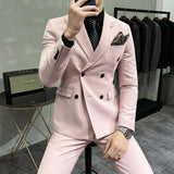 Bonsir New Pale Pink Men's Suit 3 Pieces Double-Breasted Lapel Formal Slim Fit Casual Tuxedos For Wedding (Blazer+Vest+Pants)
