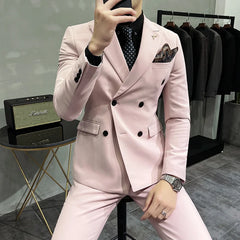 Bonsir New Pale Pink Men's Suit 3 Pieces Double-Breasted Lapel Formal Slim Fit Casual Tuxedos For Wedding (Blazer+Vest+Pants)