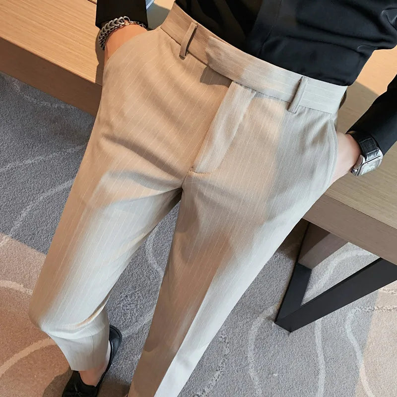 Bonsir British Style Striped Slim Fit Suit Pant Men Business Casual Simple Dress Pants High Quality Social Wedding Party Trousers 38-28