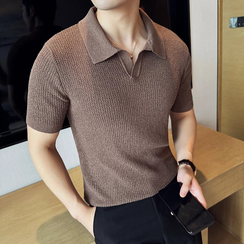 Bonsir Summer Hollow Knitted Short Sleeved Polo shirt Mens Elasticity Mesh Casual T Shirt Male V Neck Slim Fit Breathable Polo Shirt