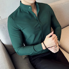 Bonsir Autumn New Stand Collar Solid Slim Shirts Mens Hide Buttons Design Luxury Long Sleeve Party Wedding Business Dress Shirts