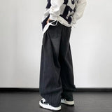 BONSIR  -  Retro Japanese Sle Dstring Loose Waist Denim Jeans for Men High Street Wide Leg Pants Youthful Trendy Long Trousers