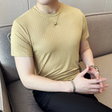 Bonsir Summer Men Ice Silk Short Sleeved T-shirt Fashion Stripes O-Neck Slim Fit Casual Elastic Tee Tops 4XL-M Streetwear