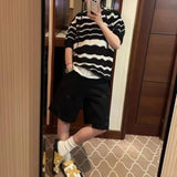 Bonsir Mens Knitted T-Shirt Black White Contrast Striped Top Streetwear Hollow Versatile Casual Short-Sleeve Tshirt Men'S Clothing