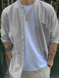 BONSIR  -  Fresh green collar striped long sleeve shirt men's casual Joker fashion street style