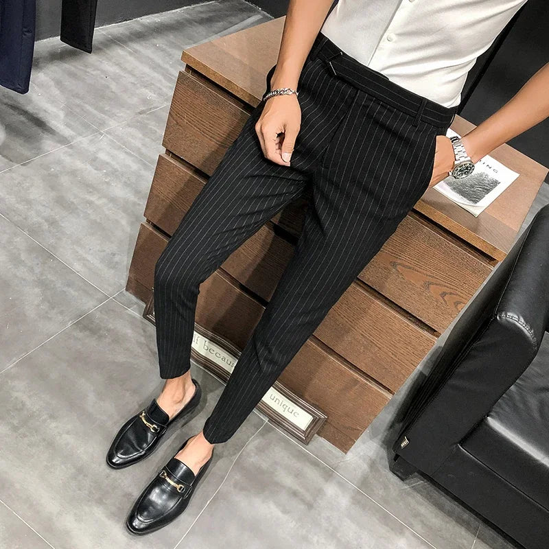 BONSIR   -  British Style Suit Pants Men Dress Pants Social Slim Fit Office Trousers Men Grey Spring New Striped Belt Trousers Men's