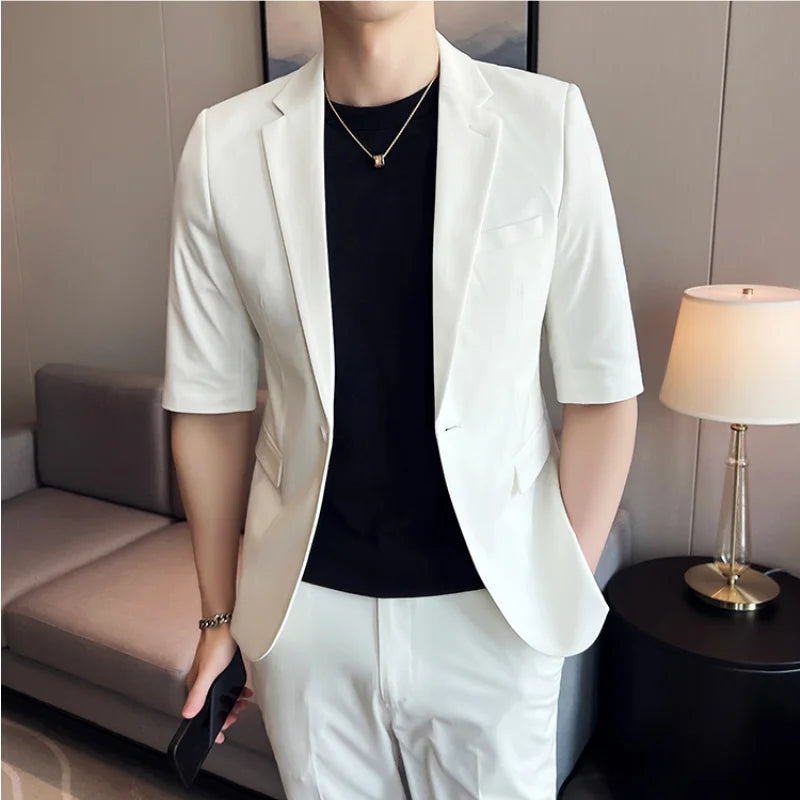 Bonsir Summer Fashion Short Sleeve Blazer Jacket Match Pant Slim Fit Solid Color 2-piece Men Casual Business Office Party Tuxedo