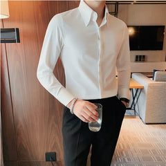 Bonsir Autumn High-End Solid Concealed Button Shirts Men Big Collar Design Long Sleeve Slim Business Casual Social Tuxedo Shirt