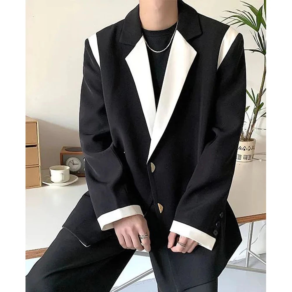 Bonsir Men Blazer Patchwork Lapel Long Sleeve Streewear Button Loose Csual Suits Korean 2024 Fashion Men Thin Coats M-2XL