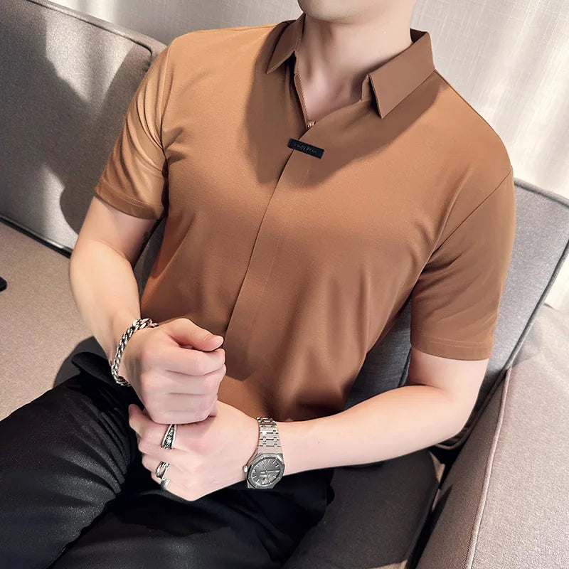 Bonsir Summer High Elastic V-neck Polo Shirt Men's Ice Silk Seamless Short Sleeved lapel Solid Tees Tops Streetwear 4XL-M