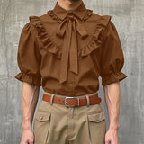 BONSIR  -  Men Shirt Solid Color Lapel Short Sleeve Ruffle Unisex Shirts Streetwear Summer Oversize 2025 Fashion Male Tops S-5XL