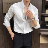 BONSIR  -  Spring Autumn Stretchable Men Shitrs Stand Collar Single-breasted Long Sleeve Men's Striped Shirt Fashion Handsome Streetwear