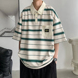 BONSIR  -  Summer Men's New Fashion Polo shirts Hong Kong Style Youthful Vitality Lapel Striped Button Pockets Half Sleeve Casual Tops