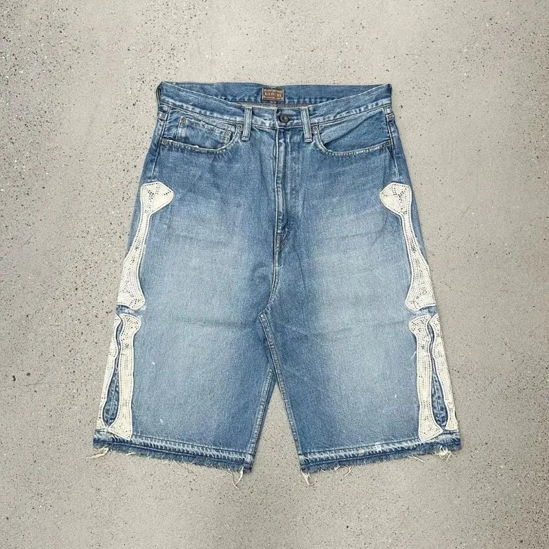 Bonsir Brick-edged Raw Edge Summer Fashion Denim Shorts for Men Washed Retro Jeans Womens High Street Casual Loose Sports Shorts Couple