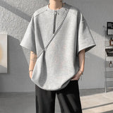 BONSIR  -  Summer Short Sleeved T-shirt Men Oversized Gray Black Casual T Shirt Men Streetwear Hip-hop Loose Zipper T Shirt Mens Top M-3XL