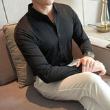 Bonsir New High Quality No Trace Ice Silk Long Sleeve Elastic Shirts Men Formal Business Slim Fit Solid Casual Shirt Tuxedo 4XL-M