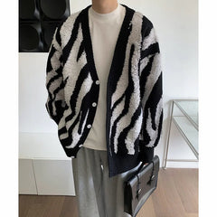 Bonsir Men Cardigan Pattern V-neck Loose Casual All-match Single Breasted Knitted Sweater Korean Style Ulzzang Autumn Outwear