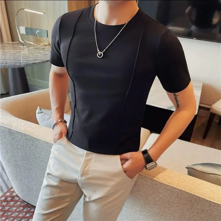 Bonsir Autumn New Round Neck Solid Color T Shirts Korean Luxury Long Sleeves Men's Casual Slim Fit Elastic Cotton Tee Shirts 4XL-M