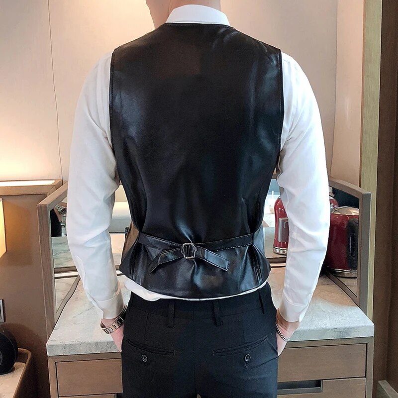 Bonsir Leather Vest Men New Fashion Casual High Quality Solid Color Single Breasted Slim Large Size Business Vest Waistcoat S-5XL