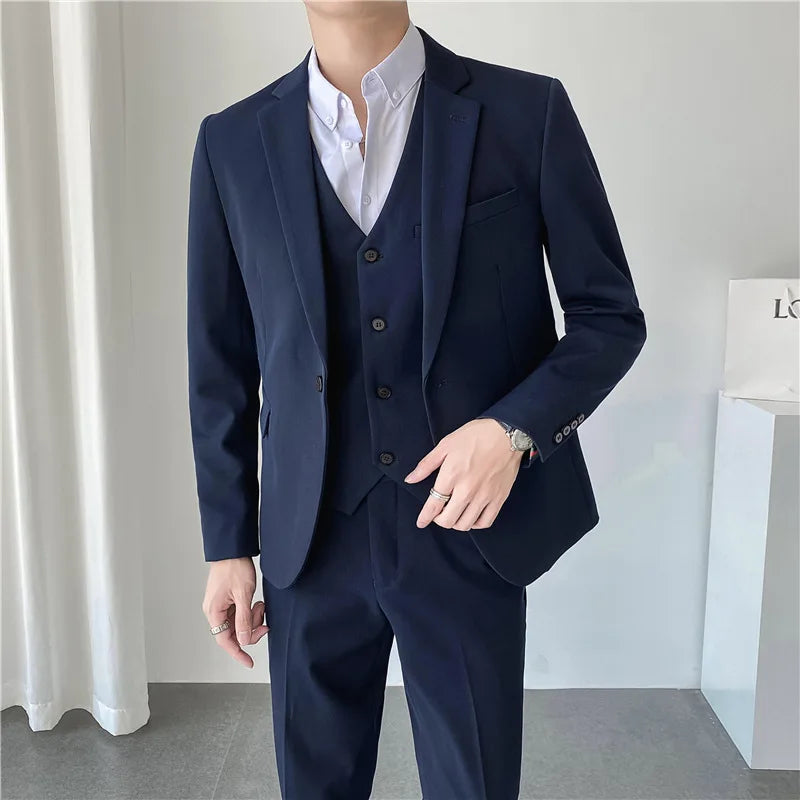 Bonsir Men Suit 3 Pieces Solid Color Slim Fitting For Business Leisure Commercial Wedding And Banquet Dresses Jacket Vest With Pants