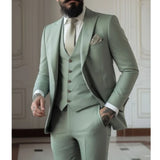 Bonsir Sage Green Men's Slim Fit 3 Piece Suits (Jacket+Vest+Pant) Wedding Groom Tuxedos Prom Formal Male Party Blazers