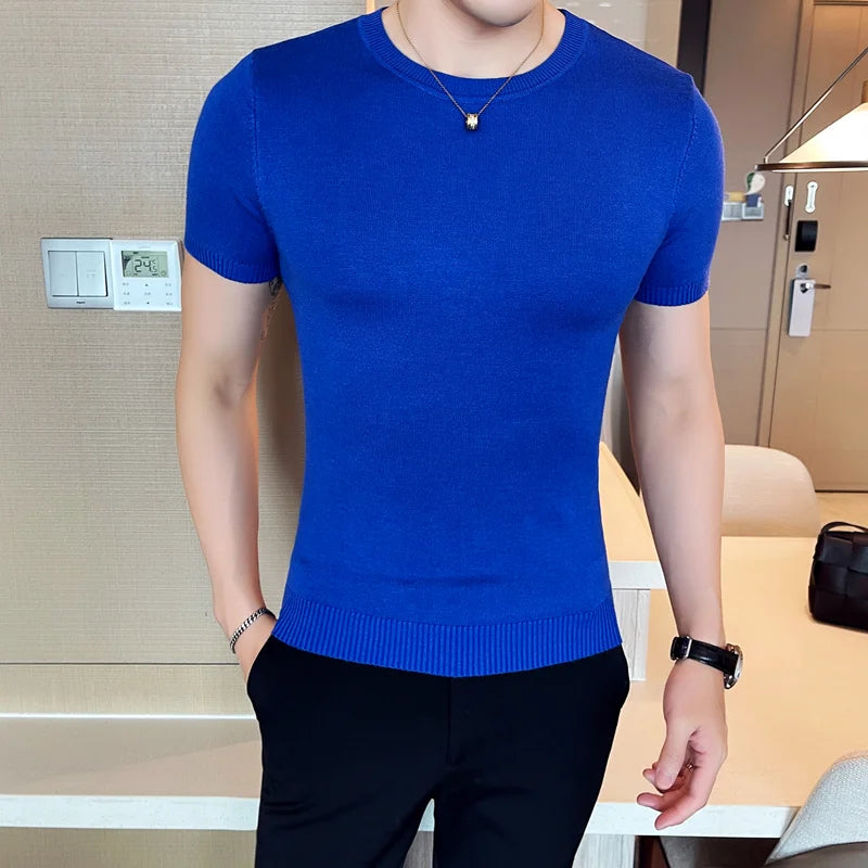 Bonsir 8 Colors Summer Round Neck Knitwear T Shirts Korean Slim Fit Solid Color Short Sleeve Men's T-Shirt Breathable Casual Tee Shirt