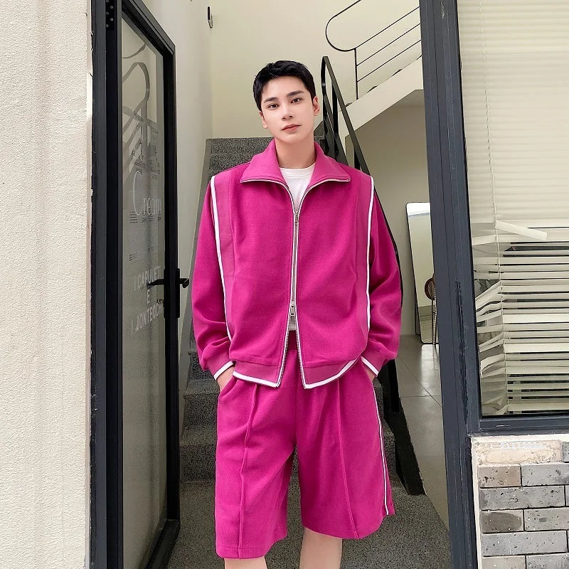 Bonsir Autumn Men's Two-piece Stand Collar Solid Color Jacket Straight Wide Leg Loose Male Shorts Korean Style