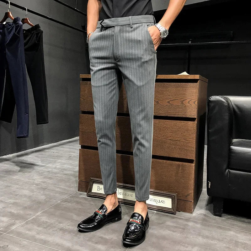 BONSIR   -  British Style Suit Pants Men Dress Pants Social Slim Fit Office Trousers Men Grey Spring New Striped Belt Trousers Men's