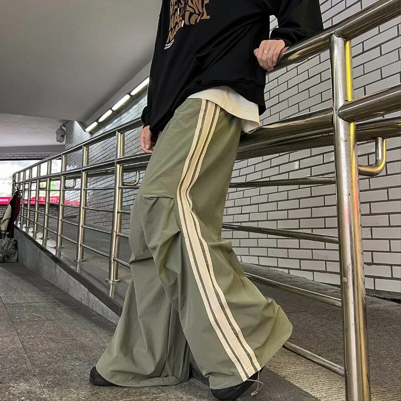 Bonsir Wide Leg Pants Men Loose Fit Track Pants Male Side Striped Jogger Trousers Unisex Elastic Waist Wide Leg Pants  Plus Size